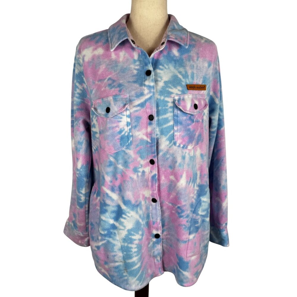 Simply Southern Collection Blue & Pink Tie Dye Snap Front Shirt Shacket Size S - Picture 2 of 11